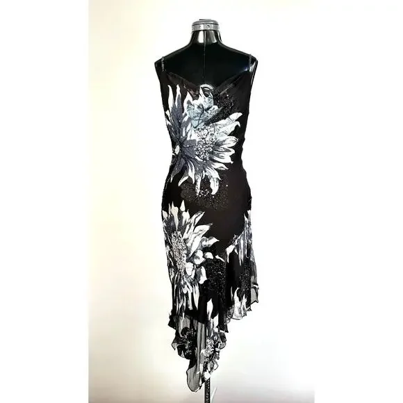 Cache Rare Vintage 90s Beaded Floral Print Silk Dress - Picture 11 of 11